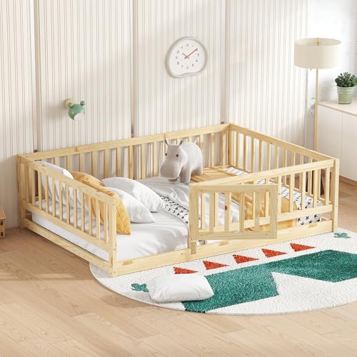 Image of Bellemave Full Size Montessori Floor Bed with Door & Slats, Solid Wood Kids Floor Bed Frame with High Safety Fence, Low Profile Bed for Boys & Girls, Natural