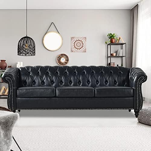 Vaztrlus Chesterfield Sofas for Living Room, Rolled Arm 3-Seater Leather 84" Large Couch Deep Button Nailhead Tufted Black Upholstered Couches for Bedroom, Office Apartment Easy to Assemble