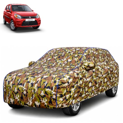 Image of Waterproof Car Body Cover for Maruti Suzuki Alto 800 with Mirror Pocket| Cotton Inner Lining | Triple Stitched | All Weather Protection | Dust, UV & Rain Proof (Camouflage with Blue Piping)