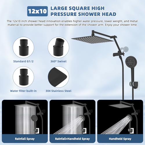 Image of 12 inch Metal Rain Shower Head with Handheld, High-Pressure Showerhead,10-Mode