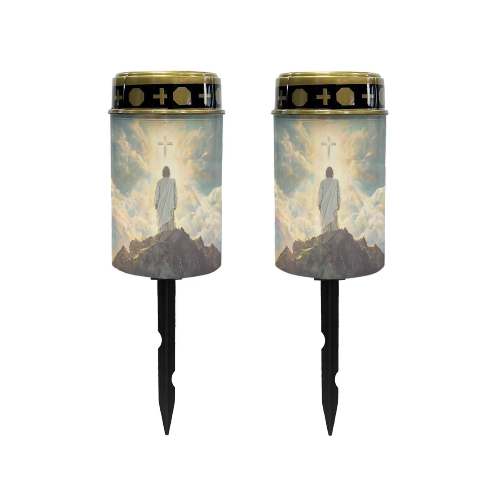 Poceacles 2 Pack Cross Solar Candle Cemetery Solar Lights for Grave LED Garden Lights Solar Powered Solar Pathway Lights Outdoor Waterproof with Dusk to Dawn Sensor, God Cross Light