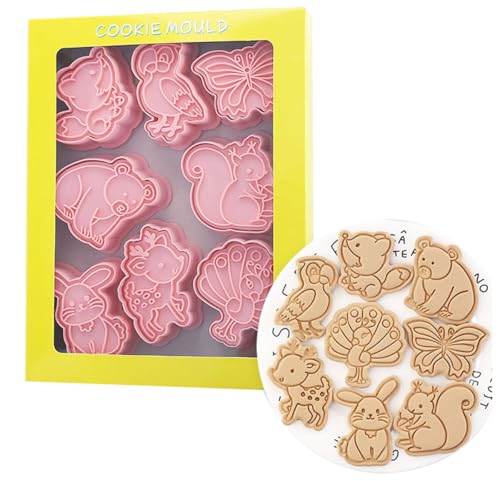 8PCS Animal Cookie Cutters with Plunger Stamps Set, 3D Jungle Zoo Cookie Plunger Stamps DIY Press Molds Birthday Party Baking Supplies Clay Biscuit Molds (Zoo)