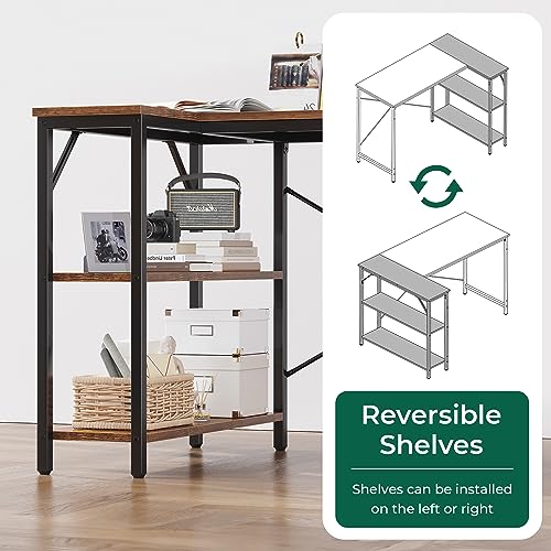 Huuger L Shaped Desk, 39 Inches Computer Desk with Reversible Storage Shelves, Gaming Desk, Corner Home Office Desks, Writing Study Desk with Metal Frame, Rustic Brown