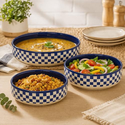 Image of Niyara Stoneware Handmade Ceramic Stylish Premium Serving Bowls /Salad Tray Microwave Dishwasher Safe (White & Blue Pattern Set of 3)