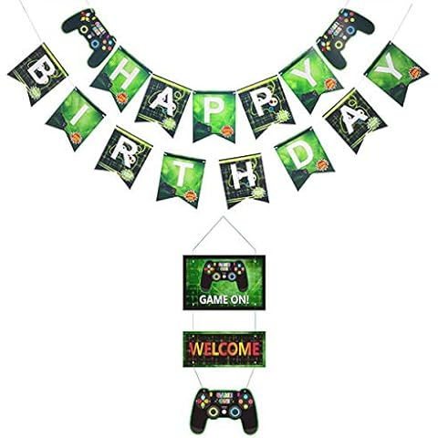 Birthday Party Supplies - Video Game Party Decoration Kit Includes Happy Birthday Banner, GAME ON Welcome Hanging Banner - Game Themed Party Supplies for Gamer Fans Cover