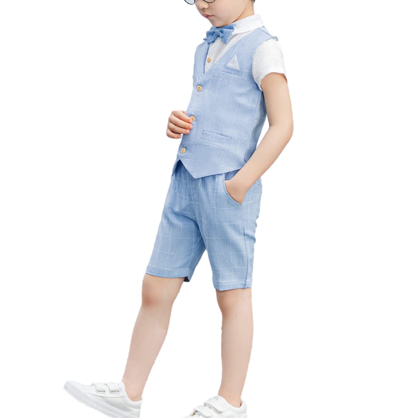 4 pièces Garçons Été Shorts Costumes Ensemble Coupe Ajustée Gilet Chemise Shorts Nœud Papillon Tenue Vêtements