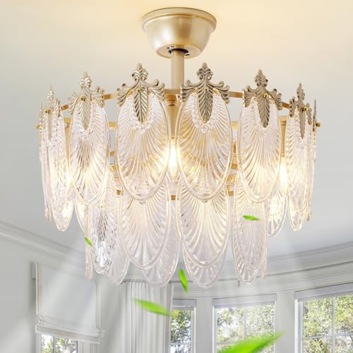 Image of 20 inch Gold Fandelier Ceiling Fan with Light, Gold Crystal Chandelier Ceiling Fans with Lights and Remote Control, Mid Century Enclosed Caged with 6 Speeds for Bedroom, Nursery, Living Room