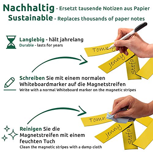 ECENCE Magnetstreifen beschreibbar 75 Stück - 60x20mm - abwischbare Magnetschilder - Magnet-Etiketten zuschneidbar für Whiteboards, Kühlschränke, Magnettafeln - Gelb