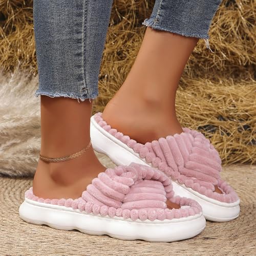 Women Bow Slide Slipper, Summer Corduroy Indoor Platform Slippers, Open Toe House Flats Slipper with Memory Foam, Non-Slip Fuzzy Cross Bands Bedroom Shoes4