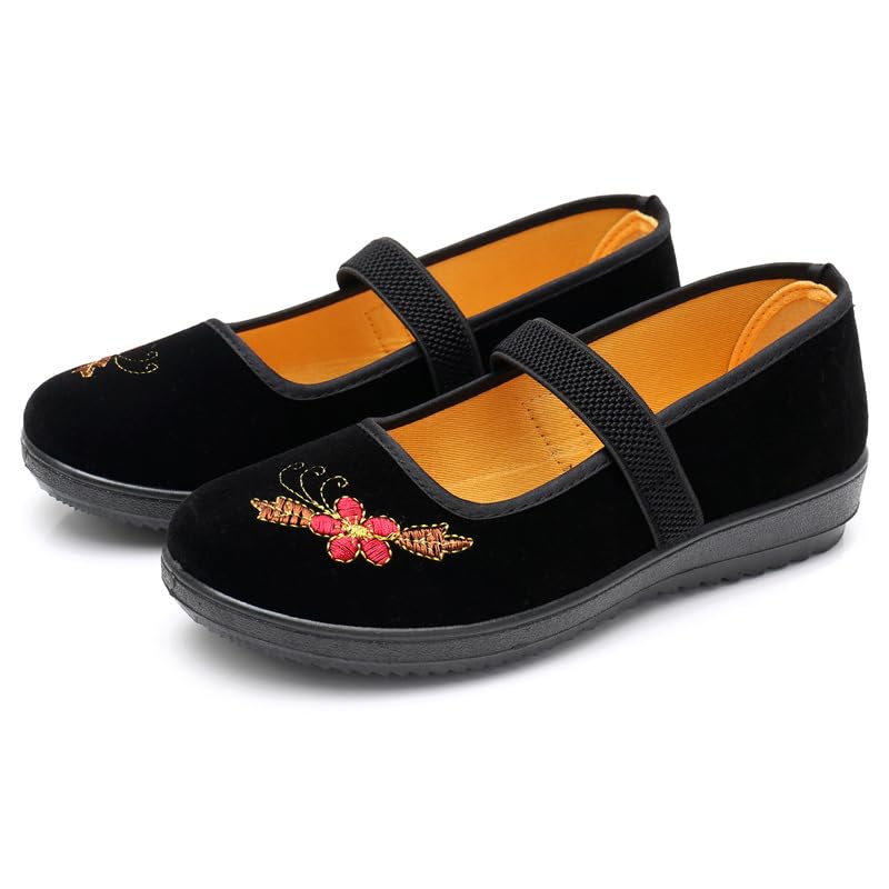 Slip-On Mary Jane Loafers - Chinese Old Beijing Flat Shoes for Yoga, Ballet, Dance - Cute Embroidered No Clasp Design for Women