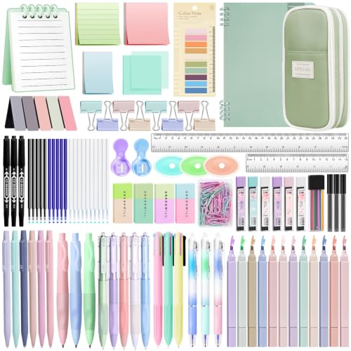 Image of YIBONIKA 147 PCS Aesthetic Stationery Supplies with Green Pen Case & Notebook, 12 Pastel Highlighters, 3 Erasable Pens, 5 Black Pens, 6 Mechanical Pencils, Stationery Set College Essentials