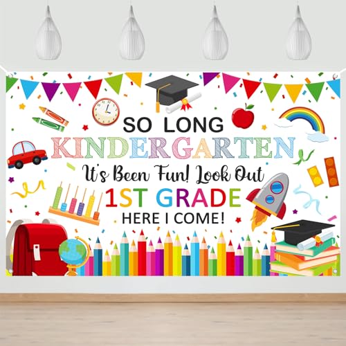 Avezano So Long Kindergarten Its Been Fun Look Out 1st Grade Here I Come Backdrop Kindergarten Graduation Decorations 2026 Kinder Graduation School Classroom Party Banner (White 6x3.6ft)