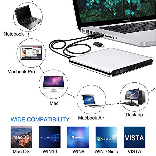 External Blu Ray CD DVD Drive 3D, USB 3.0 and Type USB C Bluray DVD CD RW Row Burner Player Compatible for MacBook OS Windows 7 8 10 PC iMac