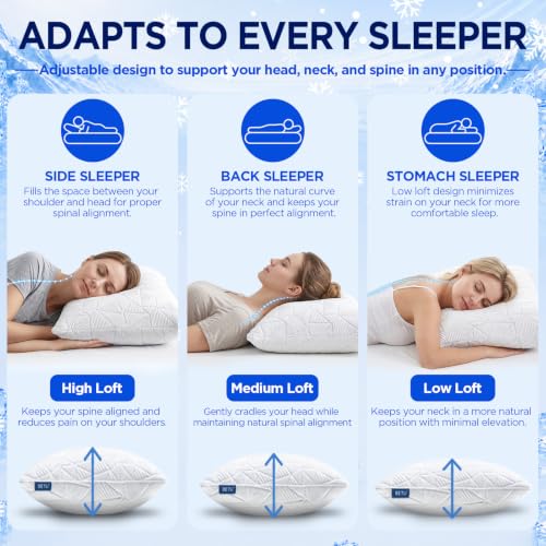 Image of BETU Enhanced Cooling Pillows Queen Size Set of 2, Shredded Memory Foam Cool Pillow for Hot Sleepers, Two Side Cool Adjustable Firm Soft Support Bed Pillows Perfect for Side Back Stomach Sleeper,White