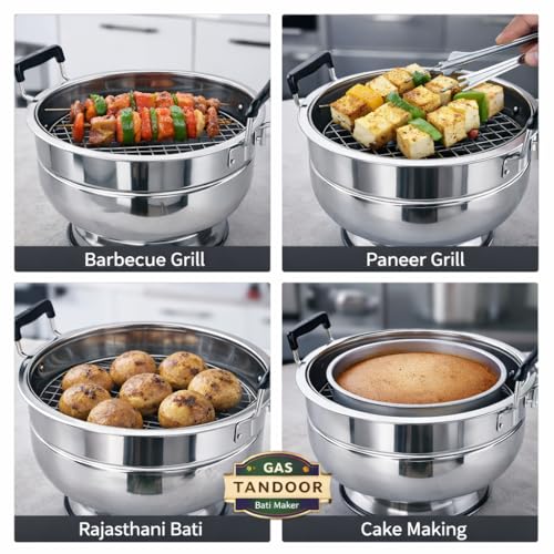 Image of Stainless Steel Bati Cooker & Gas Tandoor for Home Kitchen | with Ghee Pot | Free Multipurpose SS Tong | Multi-Purpose Gas Oven with Heavy Duty Lid, Dual Riveted Handles (Pro with Ghee Pot)