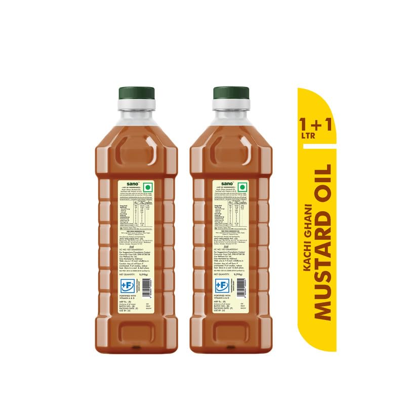 Image of Sano Pure & Fresh Kachi Ghani Mustard Oil - 1 Ltr X 2 Pack Pet Bottle | High Pungency | Rich in Omega-3 | 100% Natural and Pure | Authentic Indian Cooking Oil