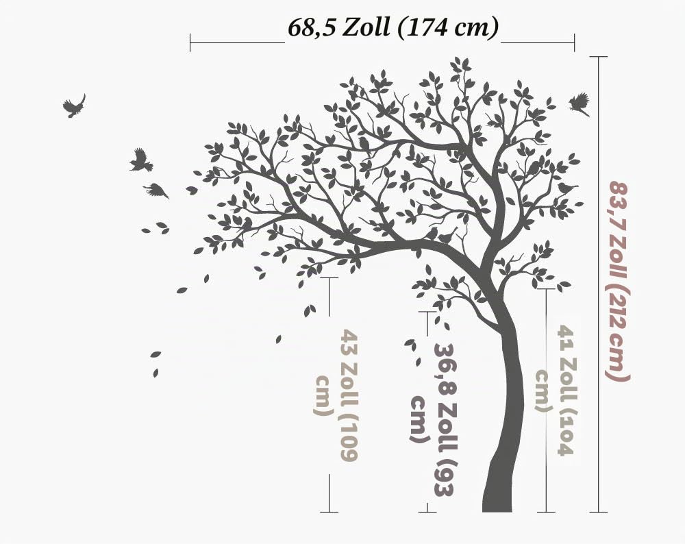 Großer Wandaufkleber Baum Mit Vögeln - Kinderzimmer Wandsticker Wandtattoo Vinyl Wanddekor KW032 (Äste Nach Links, Alles in Schwarz)