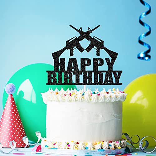 Happy Birthday Cake Topper Gun Theme Enthusiast Black Glitter Party Decorations Supplies