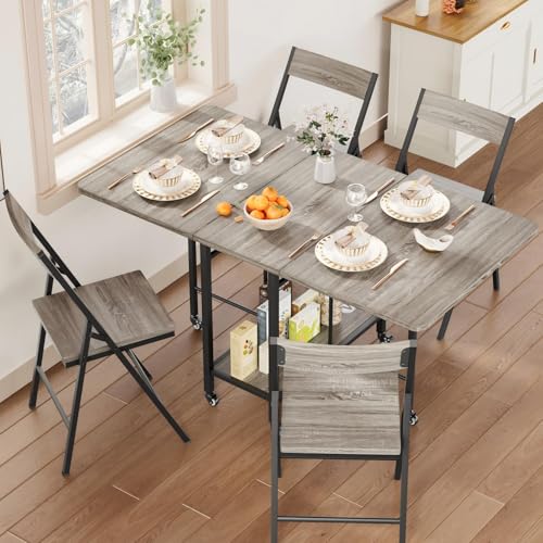 Garvee Dining Table Set for 4 Foldable Dining Table with 4 Foldable Chairs Rectangle Space Saver Table and Chairs Set with Swivel Wheels for Small Space Apartment Kitchen Dining Room Grey