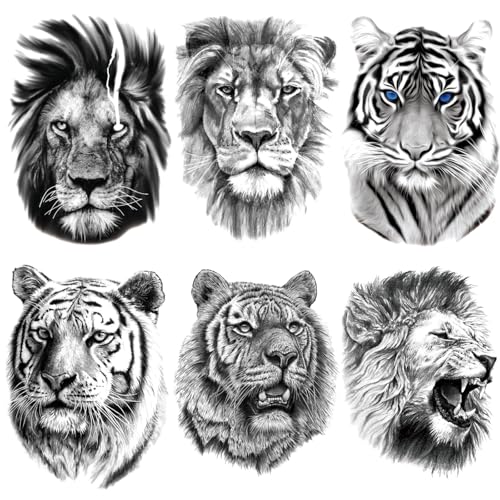 AIBAOBAO 6 Feuilles Tatouages Temporaires, Imperméables Tatouage Autocollants de Tribaux Réalistes de Lion et Tigre, Temporaire Halloween Enfant pour...