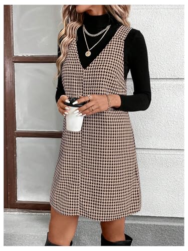 OYOANGLE Women's Houndstooth Print V Neck Overall Dress Sleeveless Pinafore Short Dresses4