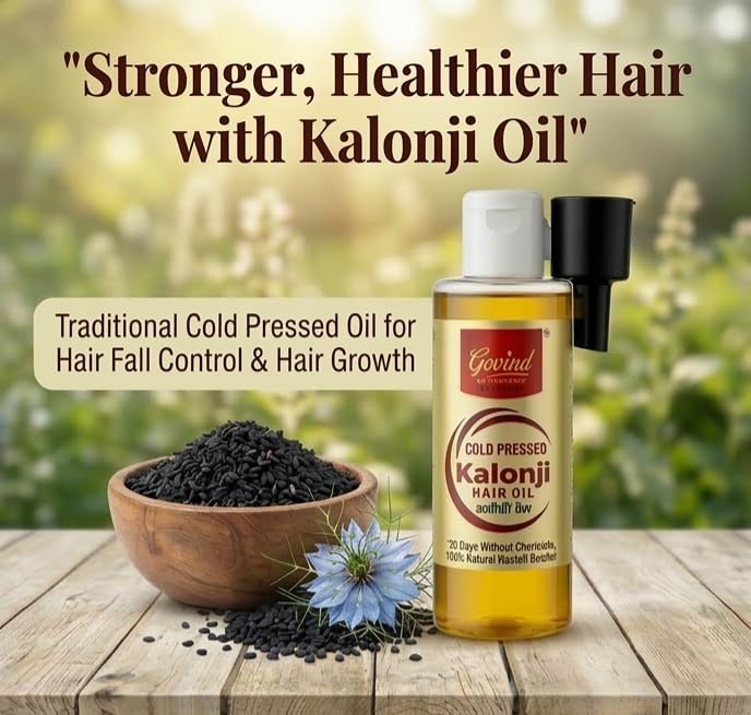 Image of Govind Oils Cold Pressed Kalonji (Black Seed) Oil 100ml - Organic Certified 100% Pure for Hair Growth, Hair Fall