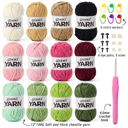 Image of 12 Pack Velvet Yarn for Knitting, Chunky Chenille Yarn for Crocheting, Baby Yarn for Crocheting Soft Blanket, Super Bulky 42.3oz(1049yds), Multicolor Amigurumi Yarns Set F
