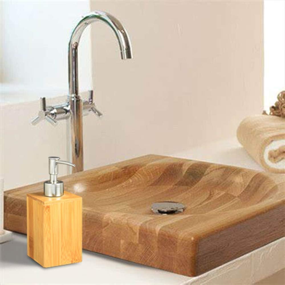 Bamboo Lotion Soap Dispenser with Pump for Bathroom and Kitchen Office Desk, Modern Refillable Empty Decorative Liquid Bottle