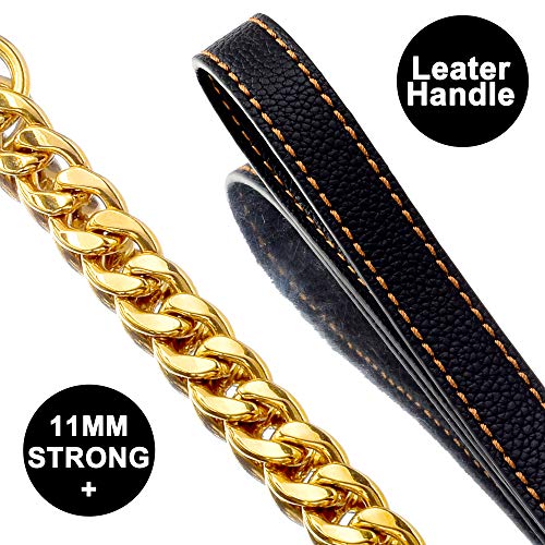 W/W Lifetime Chain Dog Leash Metal Chew Proof Leash, Leather Handle 11Mm Gold 18K 4.5Ft Heavy Duty Pet Leash Chain, With Padded Handle For Large Medium Small Dogs (Totally Length Of 4.5Ft) #TOP2