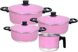 Conjunto de Panelas de Alumínio com 3 Caçarolas e 1 Fervedor (Leiteira) (Rosa)