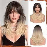 Sofeiyan Langes Glattes Perücke mit Pony,40 cm Ombre Blond Braun Haarteil mit Schichteffekt,Perücken aus Natürliche Kunsthaar für Frauen,Geeignet für den Täglich Partys Festliche Anlässe