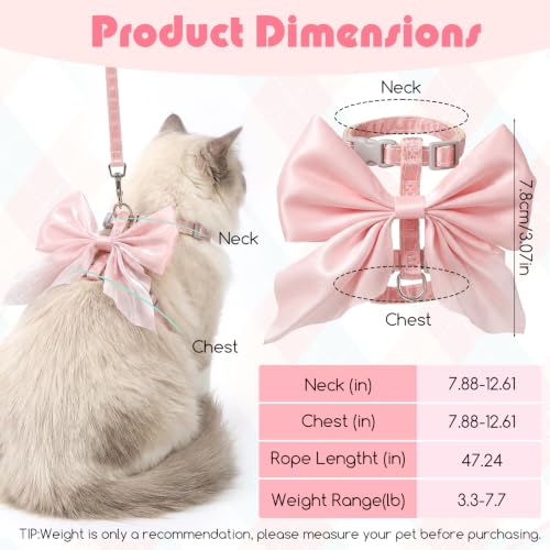 Pink Bow Cat Harness and Leash Set Escape Proof Adjustable Kitten Harness with Leash Soft Lightweight BreathableHarness for Kitty Puppy Bunny Small Dogs Chihuahua Walking Travel - Image 3
