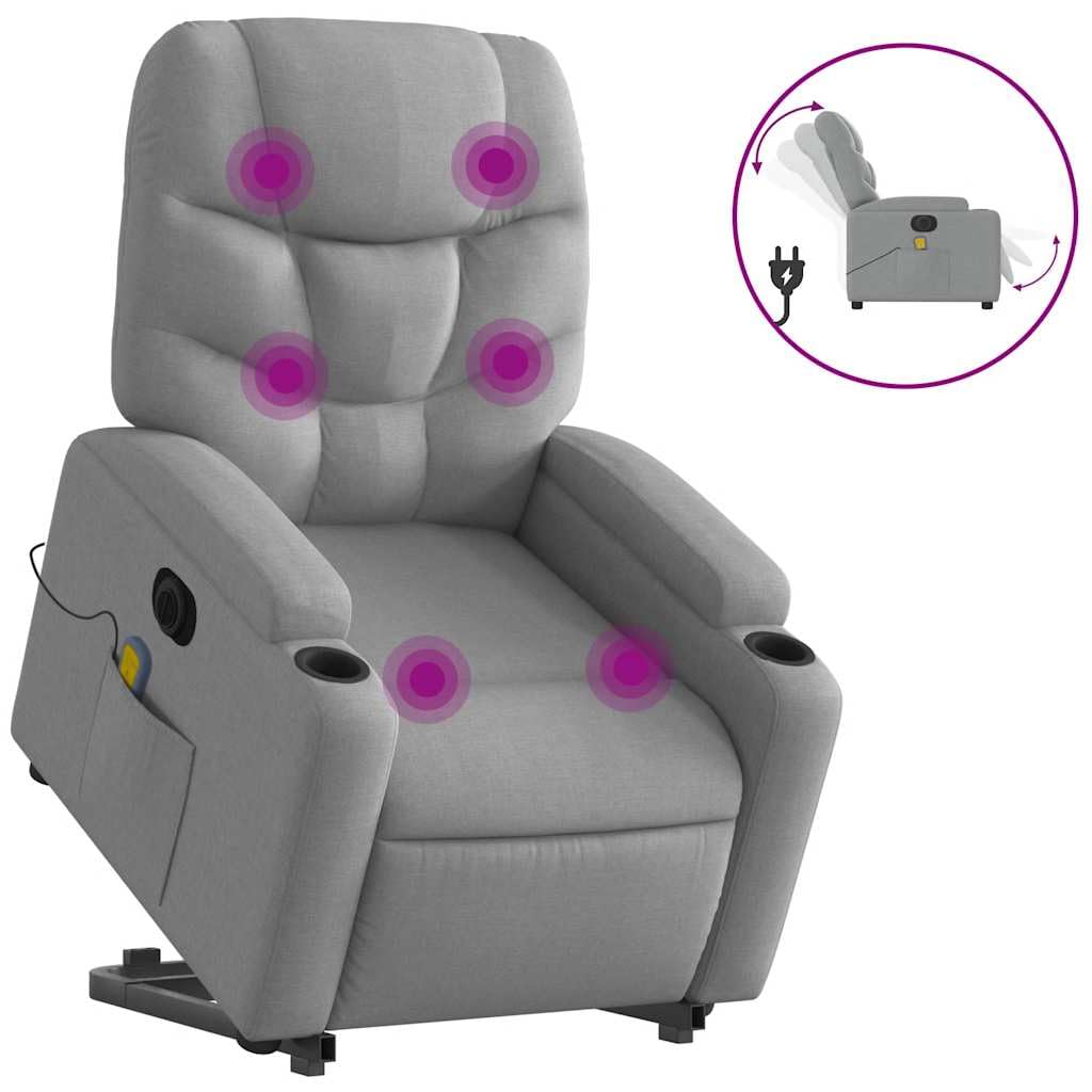 Sillón elevador eléctrico con masaje de 6 puntos y reclinación automática, gris claro de tela, función elevación y vibración, estructura estable de madera