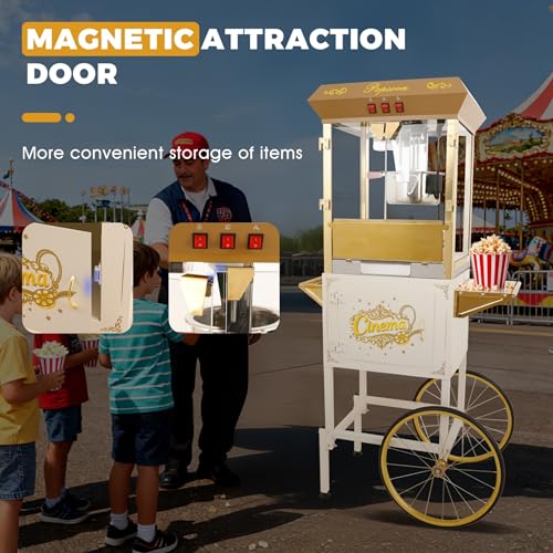 Image of 16Oz Commercial Popcorn Machine With Cart and 16 Oz Kettle, Movie Theater Popcorn Machine, Silver Golden Pop Corn Machine with 3-Switch Control & Steel Frame Tempered Glass Doors