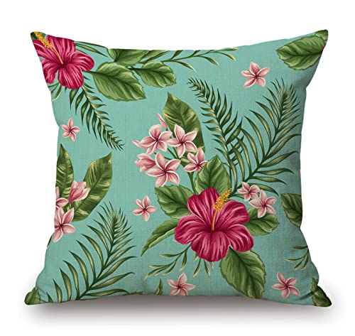 Hawaiian Tropical Leaves Throw Pillow Cover Farmhouse Decorative Cotton Linen Pillow Cover Watercolor Palm Leaf Hibiscus Plumeria Flowers Floral Square Cushion Covers Sofa Bed Décor 18X18 inch