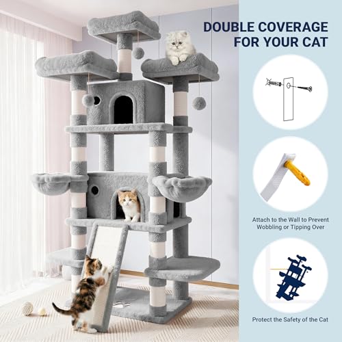 Image of Allewie 82 Inches Large Cat Tree /House /XXL Tall Cat Towers for Big Feline /Scratching Post /Multi-Level Large Kitty Climbing Tree with Condo /Light Grey