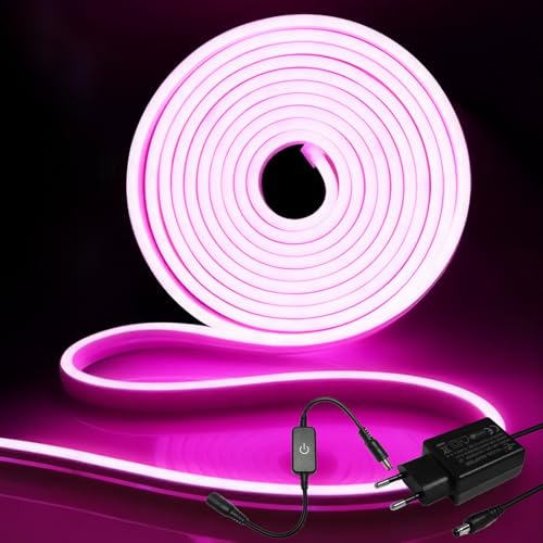 iNextStation Ruban LED Néon 5M Rose, 12V Bande LED Decoupable, Bandeau Lumineuse étanche IP65, Dimmable Autocollant Stripe pour Cuisine Escalier Chambre Pâques Extérieur Déco, avec Adaptateur Secteur