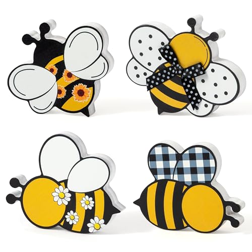 WATINC Bee Tiered Tray Decor - 4PCS Spring Summer Honey Bee Dots Wooden Sign Table Centerpiece Decoration, Double-sided Sunflower Farmhouse Rustic Kitchen Tabletop Plaques Decorative for Home Holiday Party by WATINC - Used condition - US$8.99