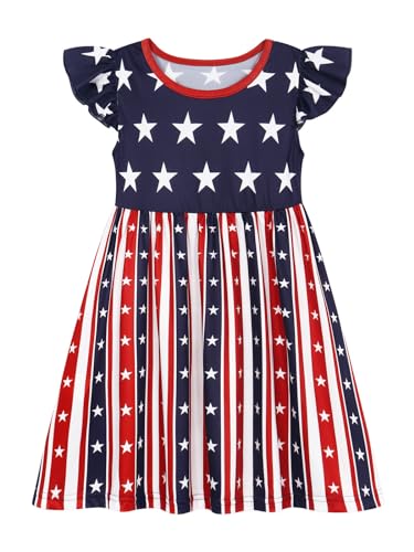Eledobby 4th of July Girls Dress Independence Day Dresses American Flag Striped Flutter Sleeve Sundress Patriotic Outfits