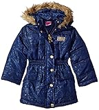 Hello Kitty Girls' All Over Printed Long Puffer With Faux Fur Trim Hood
