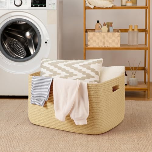 Image of OIAHOMY 75L Large Blanket Basket, Woven Cotton Rope Baskets for Organizing 22 inchx17 inchx12 inch, Blanket Basket living Room, Toy Storage Bins for Nursery, Yellow