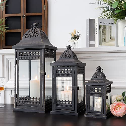 Jhy Design Set Of 3 Decorative Candle Lanterns20&14.5"&9.5" High Vintage Style Hanging Lantern, Metal Candleholder For Indoor Outdoor, Events, Parities And Weddings（Black With Gold Brush） #TOP1