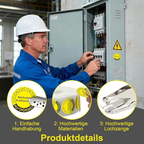1000 Stück Prüfplaketten 2026-2031, Nächster Prüftermin Prüfplakette 20MM mit 3MM Loch Puncher, Mehrjahresprüfplaketten, Papier Plakette, Selbstklebend Dguv V3 Prüfplaketten für Prüfplaketten