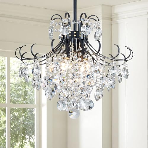 peskoe Black Crystal Chandeliers, 4-Light Modern Dining Room Light Fixture, Living Room Bedroom Pendant Ceiling Lamp, Industry Adjustable Hanging Light, H 17.7'' x W 18.1''