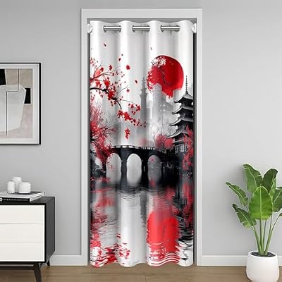 Homewish Japanese Style Door Curtain,Red Cherry Blossom Doorway Curtains,Kids Teens Woman Adult Landscape Painting Privacy Curtain Vintage Black Ink Bedroom Closet Decor 1 Panel,52" Wx84 L