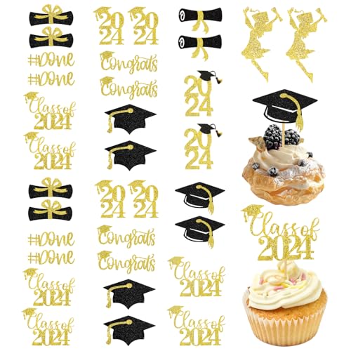 34Pcs Glitter Graduation Cupcake Toppers 2024 Gold and Black Cupcake Picks for Graduation Theme Decorations Class of 2024 Congrats Grad Cap Diploma Cupcake Picks for Party Decorations