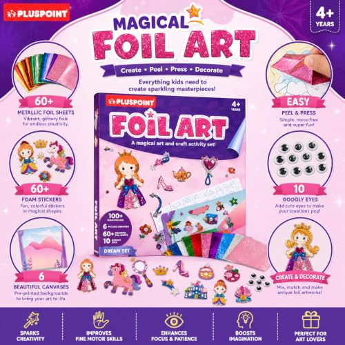 Image of PLUSPOINT Unicorn Foil Art Kit for Kids Ages 4-8, DIY Arts and Crafts Kit, Metallic Foil Craft Set, Peel and Press Sticker Art, 6 Picture Canvases, 60+ Foil Sheets, Creative Gift for Girls