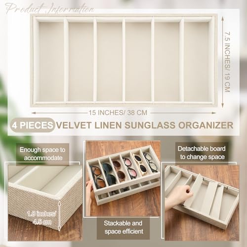 Juexica 4 Pcs Velvet Sunglasses Organizer Tray 6 Grid Sunglass Organizer Velvet Tray Stackable Glasses Display Case for Women Glasses Jewelry Display Watch (Linen) by Juexica - Image 2