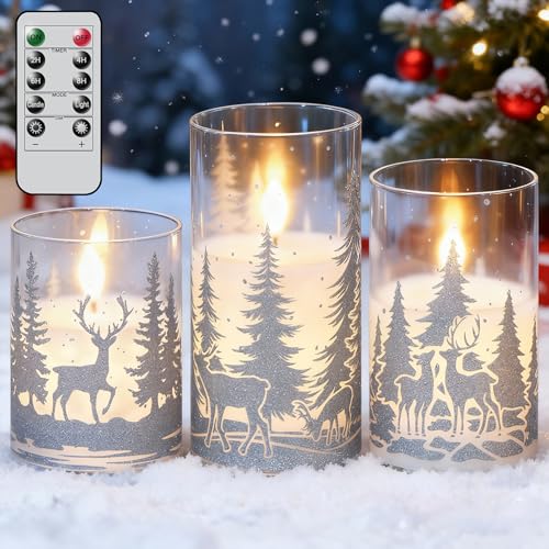 Image of Christmas Flameless Candles with Silver Reindeer Decals, 3 Pack LED Glass Battery Operated Candles with Remote Timer, Pillar Candles with Deer and Tree Pattern for Christmas Winter Decor
