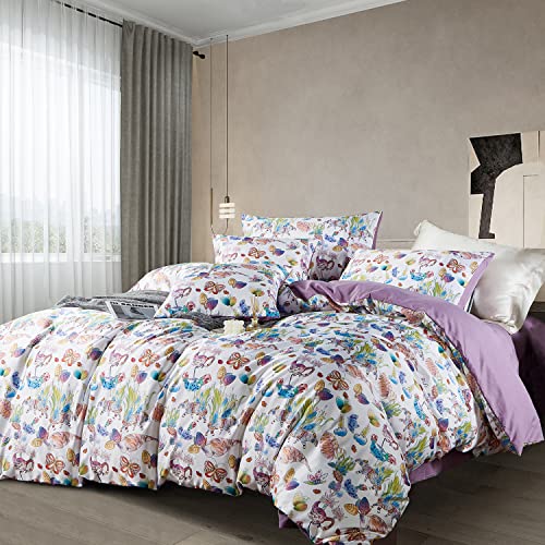 Oranfran Floral Duvet Cover Set,5 Pcs Garden Style Comforter Cover Set,Botanical Flower Butterfly Flamingo Pattern Bedding Set,Duvet Cover Queen,Reversible Design(Spring,Queen) #TOP1